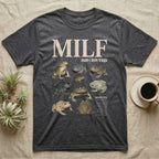 Budgett's Frog MILF T-Shirt in Dark Heather — Seven Budgett's frogs in a cut-out photo collage under the huge cream word MILF, man I love budgett's frogs.