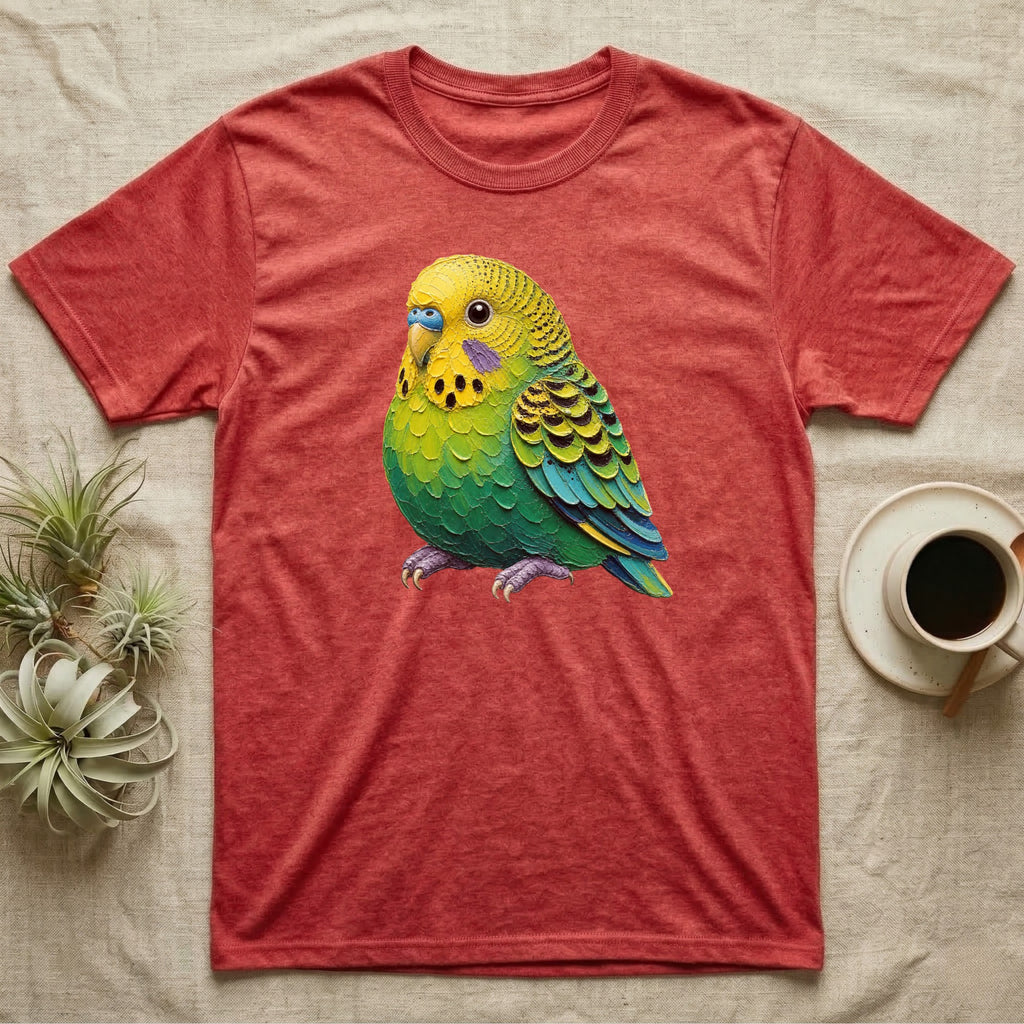 Red t-shirt featuring a vibrant green and yellow budgie illustration.