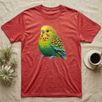 Red t-shirt featuring a vibrant green and yellow budgie illustration.