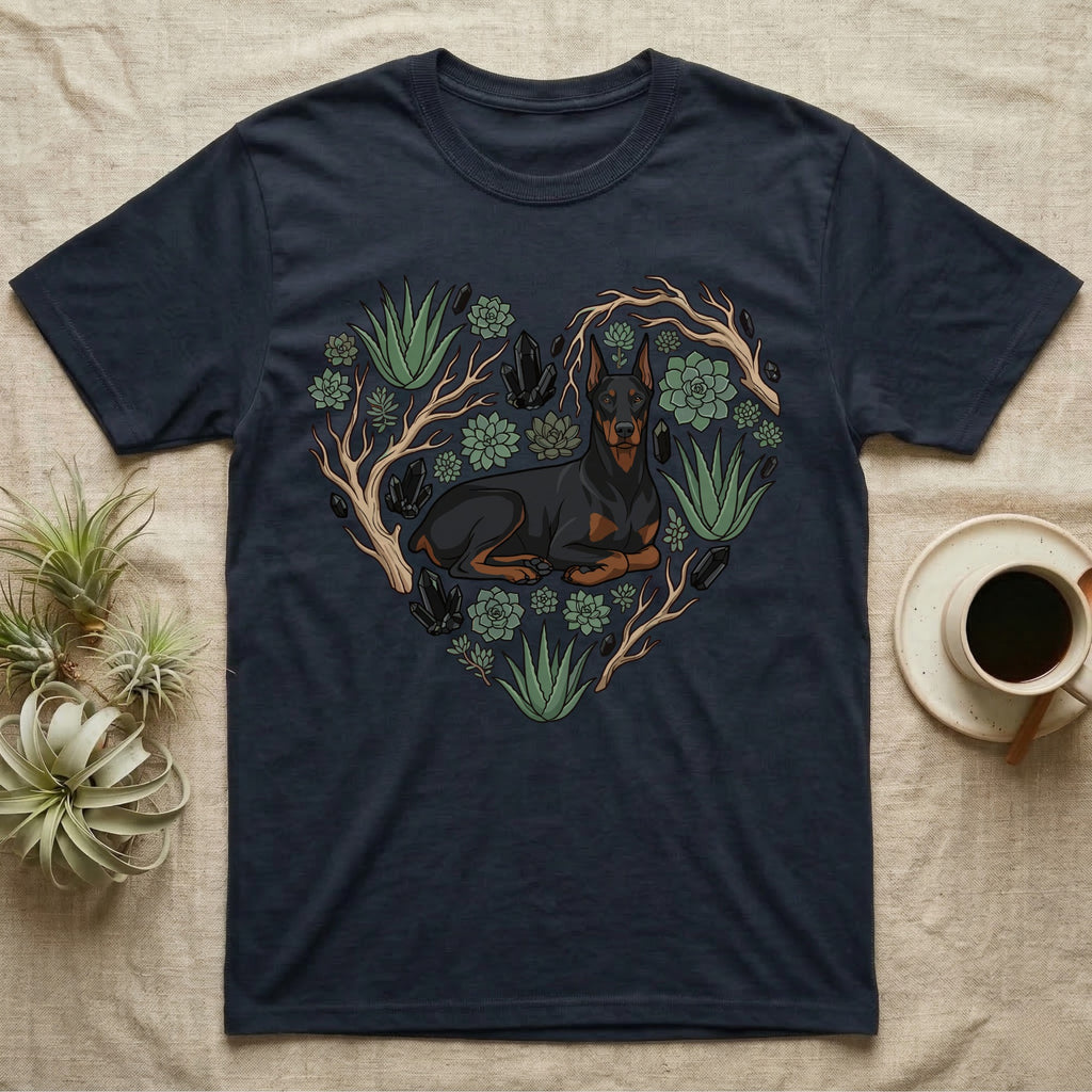 Doberman dog within a heart-shaped arrangement of plants and crystals.