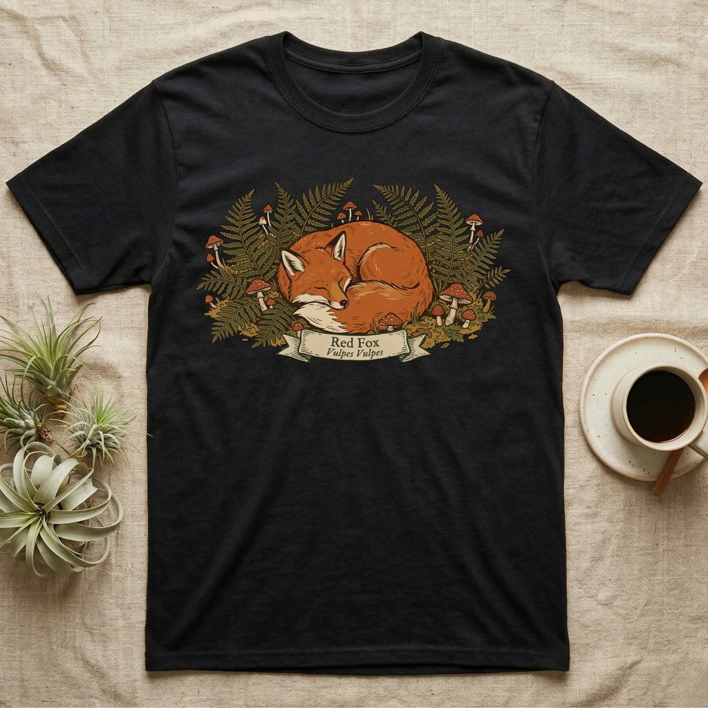 Black t-shirt with a sleeping red fox illustration surrounded by ferns and mushrooms.
