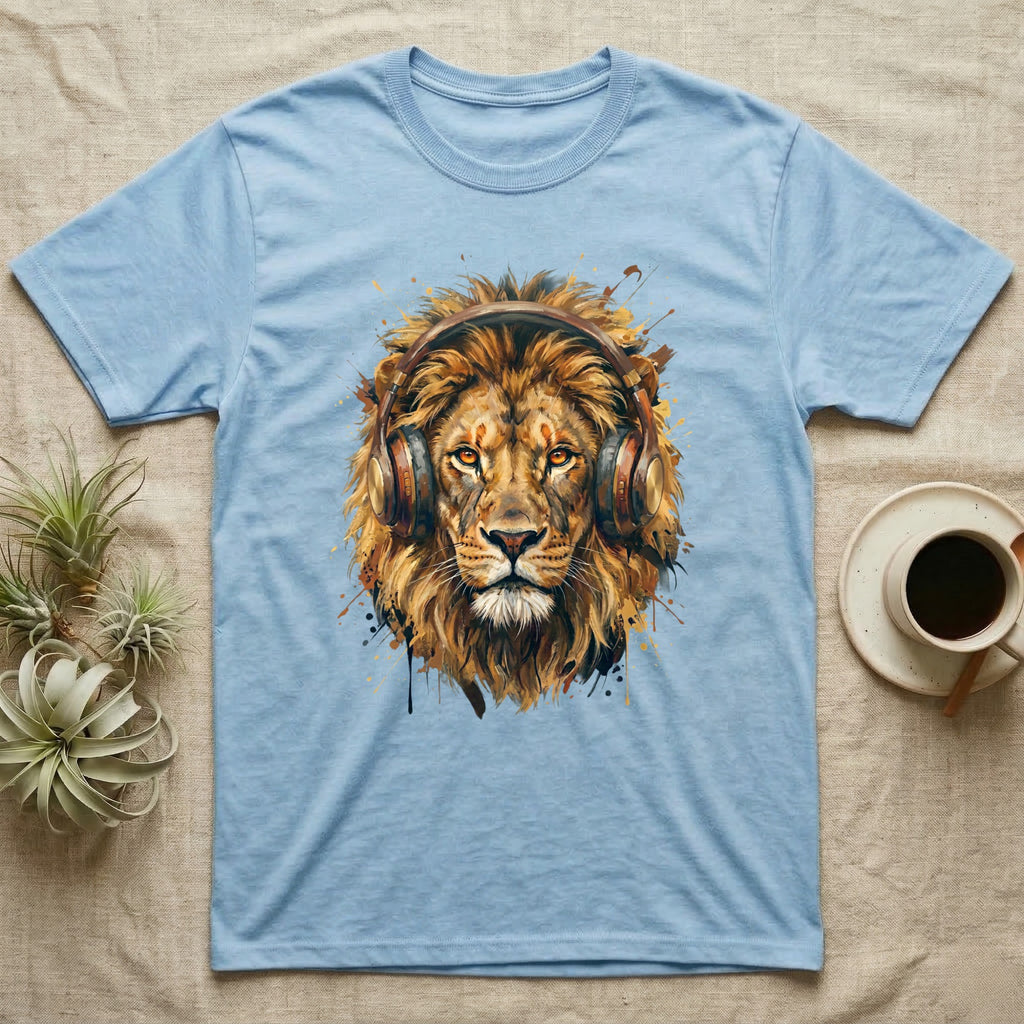 Light blue t-shirt with a stylized lion wearing headphones.