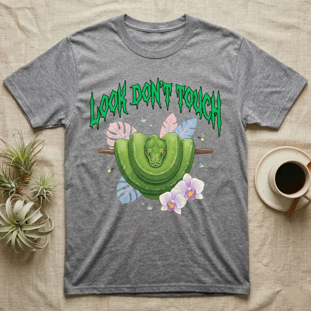 Green Tree Python Feral T-Shirt in Sport Grey — Green tree python in a saddle coil on a branch under a jagged emerald metal "LOOK DON'T TOUCH" wordmark and orchids.