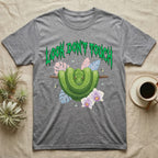Green Tree Python Feral T-Shirt in Sport Grey — Green tree python in a saddle coil on a branch under a jagged emerald metal "LOOK DON'T TOUCH" wordmark and orchids.