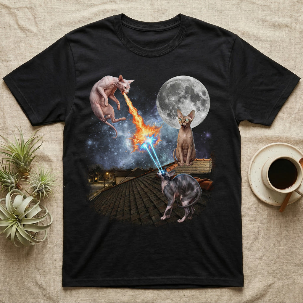 Sphynx cats breathing fire and lasers on a rooftop under the moon.