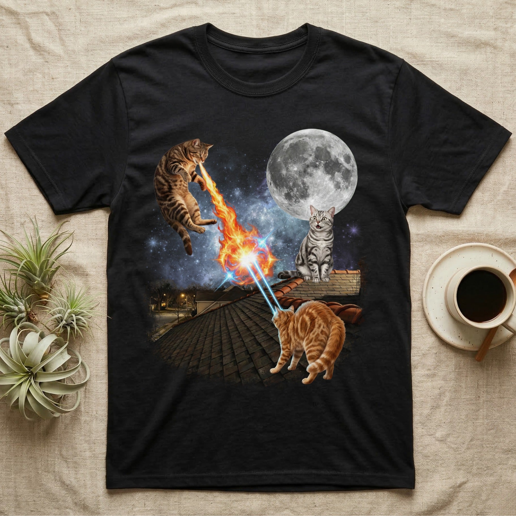 Two cats battling with lasers on a rooftop under a full moon.