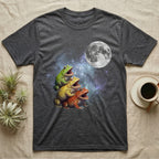 Pacman Frog Moon Howl T-Shirt in Dark Heather — Three Pacman Frog colour morphs howling at a full moon over a nebula on a dark grey t-shirt.