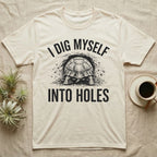 Russian Tortoise Digging T-Shirt in Natural — Etched Russian tortoise digging headfirst into an earth bank, only its back end out, with the words I Dig Myself Into Holes