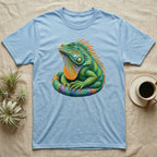 Light blue t-shirt with a colorful iguana graphic.