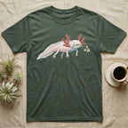 Axolotl Blossom T-Shirt in Military Green — Watercolor illustration of a pink leucistic axolotl with feathery gills holding an aquatic blossom sprig, on a dark grey t-shirt.
