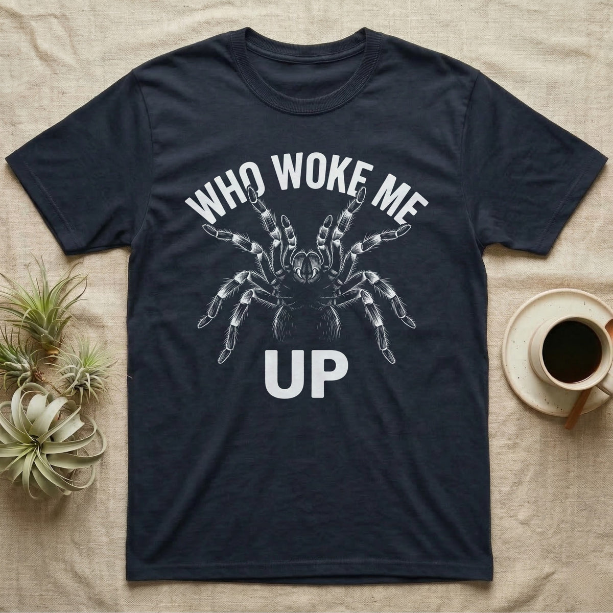 Tarantula Rude Awakening T-Shirt in Navy — White-line engraving of a tarantula rearing up in threat posture under the words Who Woke Me Up