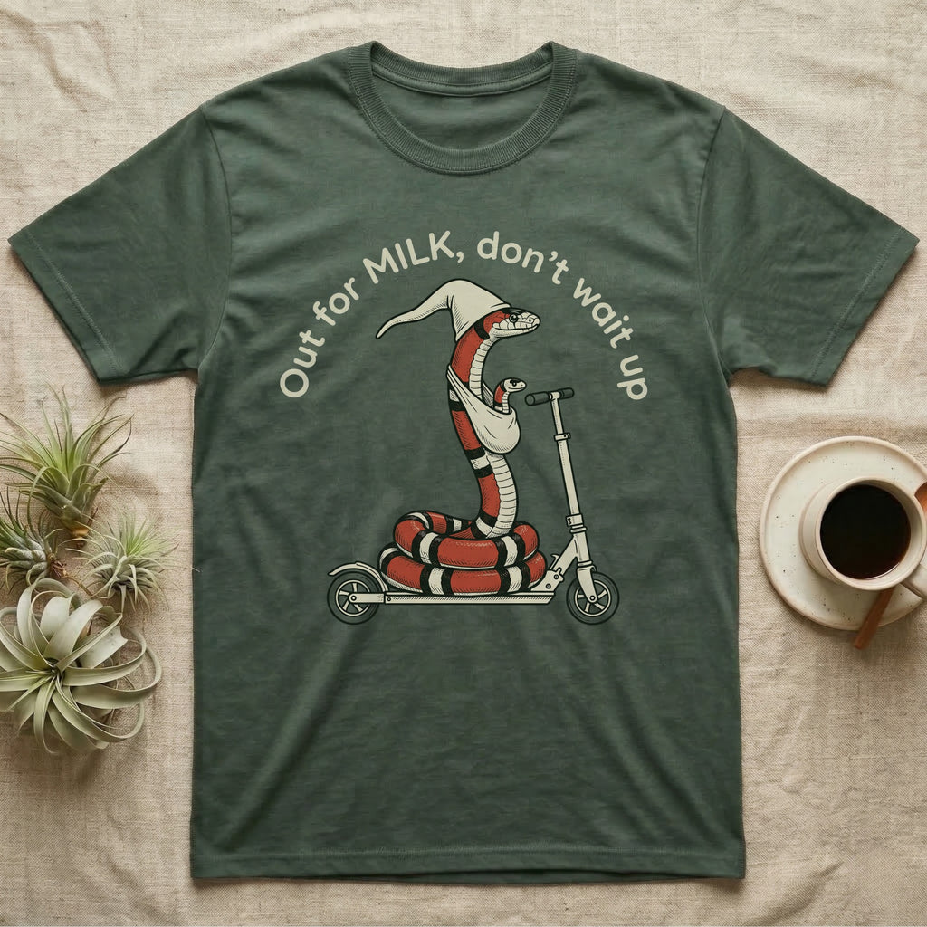 Milk Snake Scooter T-Shirt in Military Green — Milk snake in a white cap riding a kick scooter with a baby snake in a sling, under the curved words Out for MILK, don't wait up.