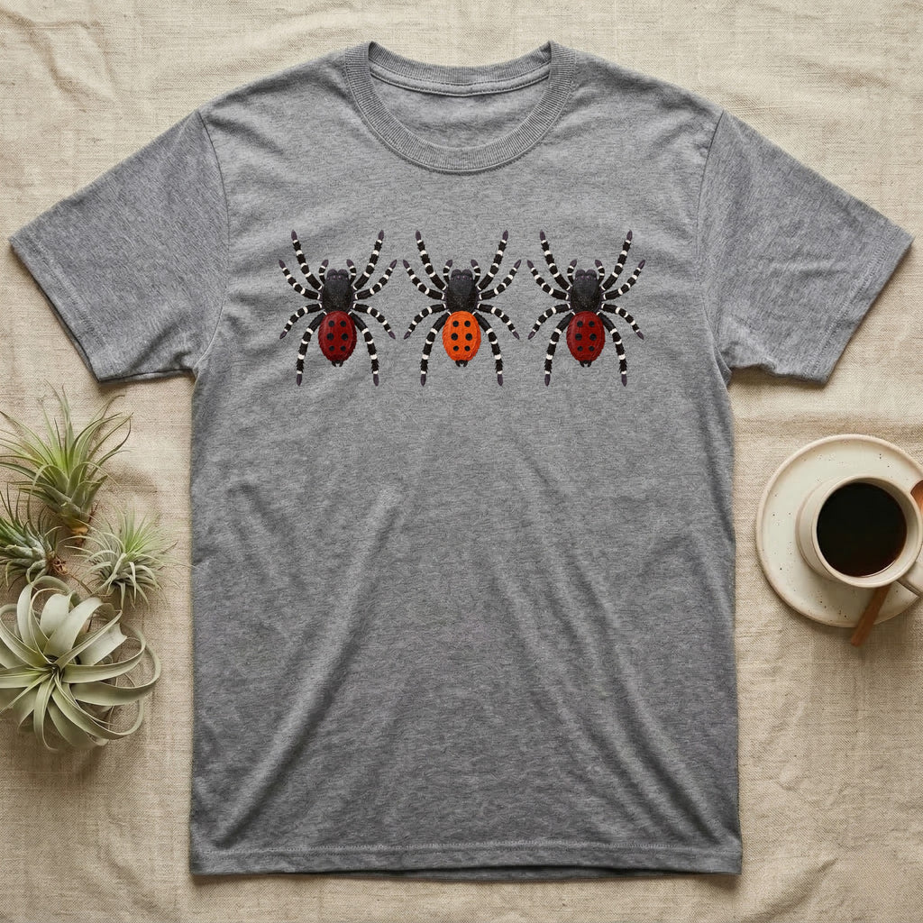 Velvet Spider Triptych T-Shirt in Sport Grey — Three velvet spiders in a row, painted in thick impasto, each with a differently coloured red-and-black abdomen.