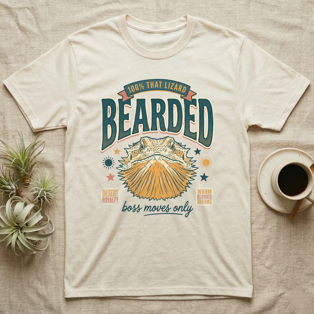 Bearded dragon t-shirt with "Bearded Boss Moves Only" text and graphics.