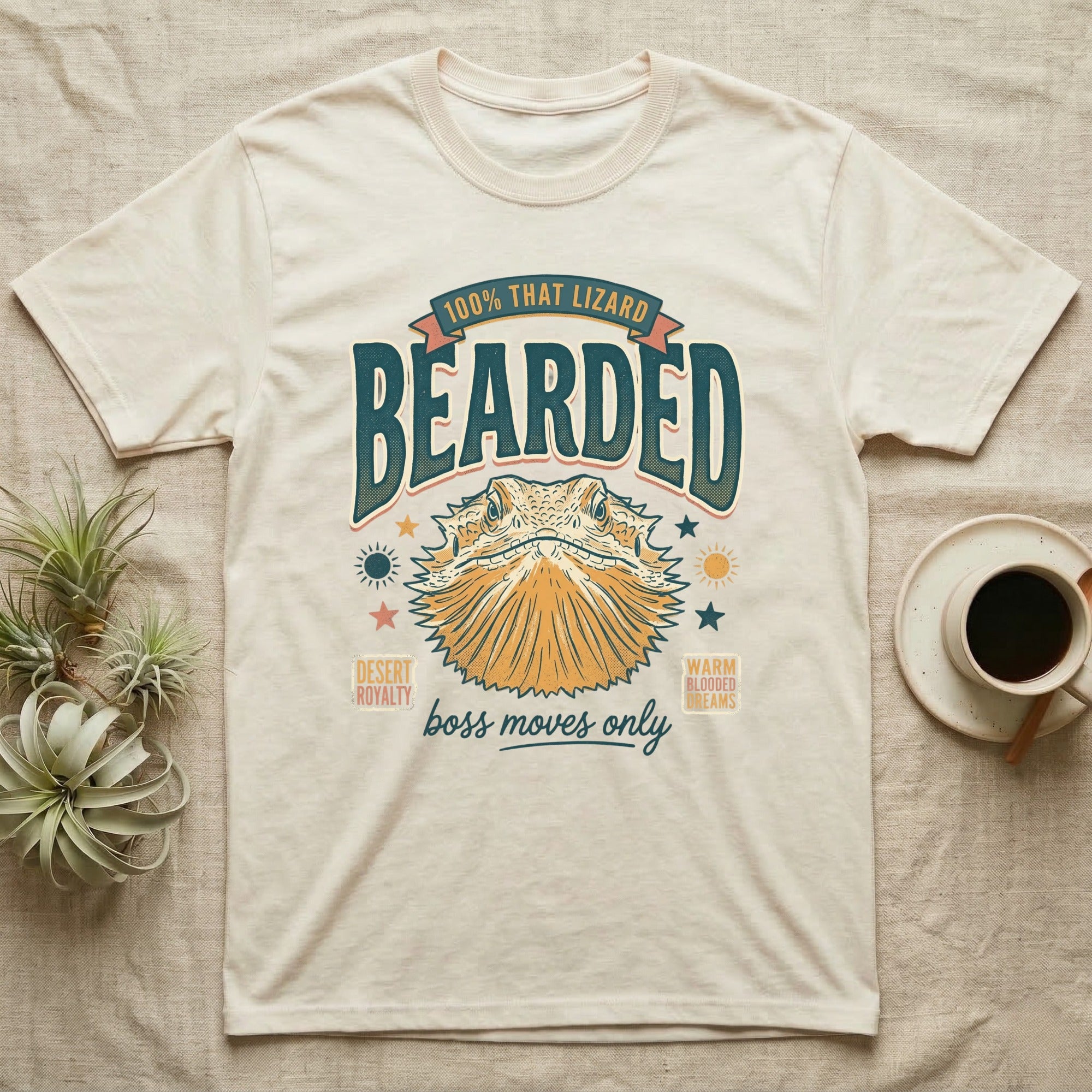 Bearded dragon t-shirt with "Bearded Boss Moves Only" text and graphics.
