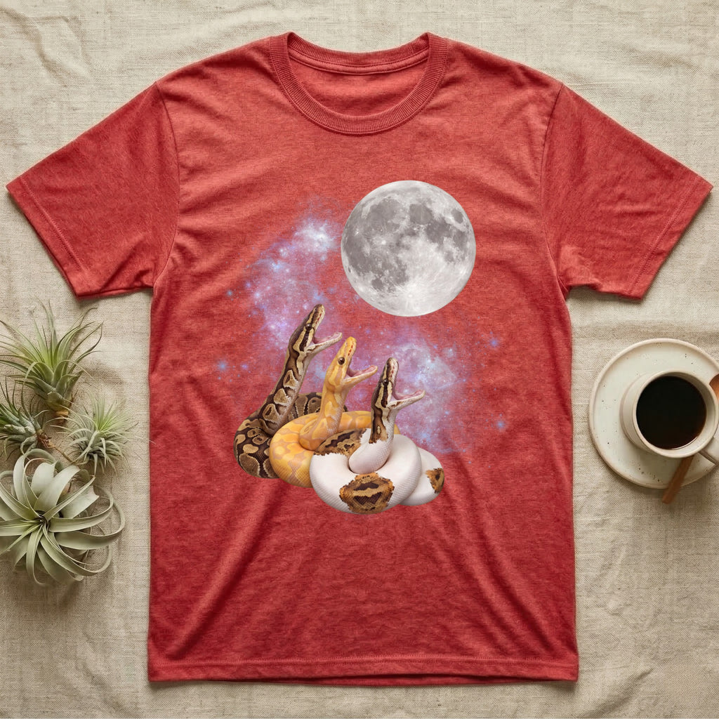 Ball Python Moon Howl T-Shirt in Heather Red — Three Ball Python colour morphs howling at a full moon over a nebula on a dark grey t-shirt.