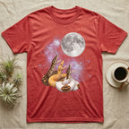 Ball Python Moon Howl T-Shirt in Heather Red — Three Ball Python colour morphs howling at a full moon over a nebula on a dark grey t-shirt.