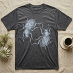 Death-Feigning Beetle Roundel T-Shirt in Dark Heather — Two blue death-feigning beetles in pale blue brush line art, rotated 180 degrees into a circle closed by their own bodies.