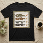 Native Snake Life List T-Shirt in Black — Vintage field-guide life list of native snakes drawn as small specimens with tally checkmarks beside each.