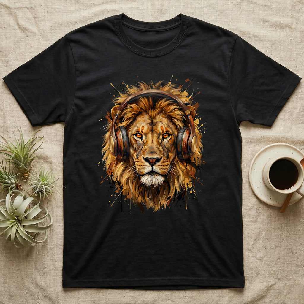 T-shirt with a lion wearing headphones and splattered paint design.