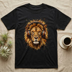 T-shirt with a lion wearing headphones and splattered paint design.