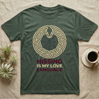 Ball Python Hissing Spiderweb T-Shirt in Military Green — Minimal continuous-line ball python coiled around a faint spiderweb, "Hissing Is My Love Language."