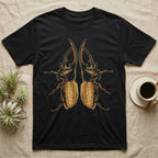 Vintage-engraving illustration of two mirrored Hercules beetles nose to nose with long curved thoracic horns, stippled ochre elytra, graphic-only, no text. — shown on a Black tee.