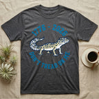 Leopard Gecko 1776 T-Shirt in Dark Heather — Two-colour vector leopard gecko in profile ringed by arched text reading 1776 to 2026 and Don't Tread On Me.