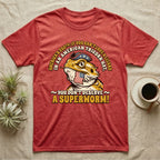 Bearded Dragon Tricorn Tee in Heather Red — Bold woodcut tee of a bearded dragon in a colonial tricorn hat, gold and cream text reading You Don't Deserve A Superworm, on black.
