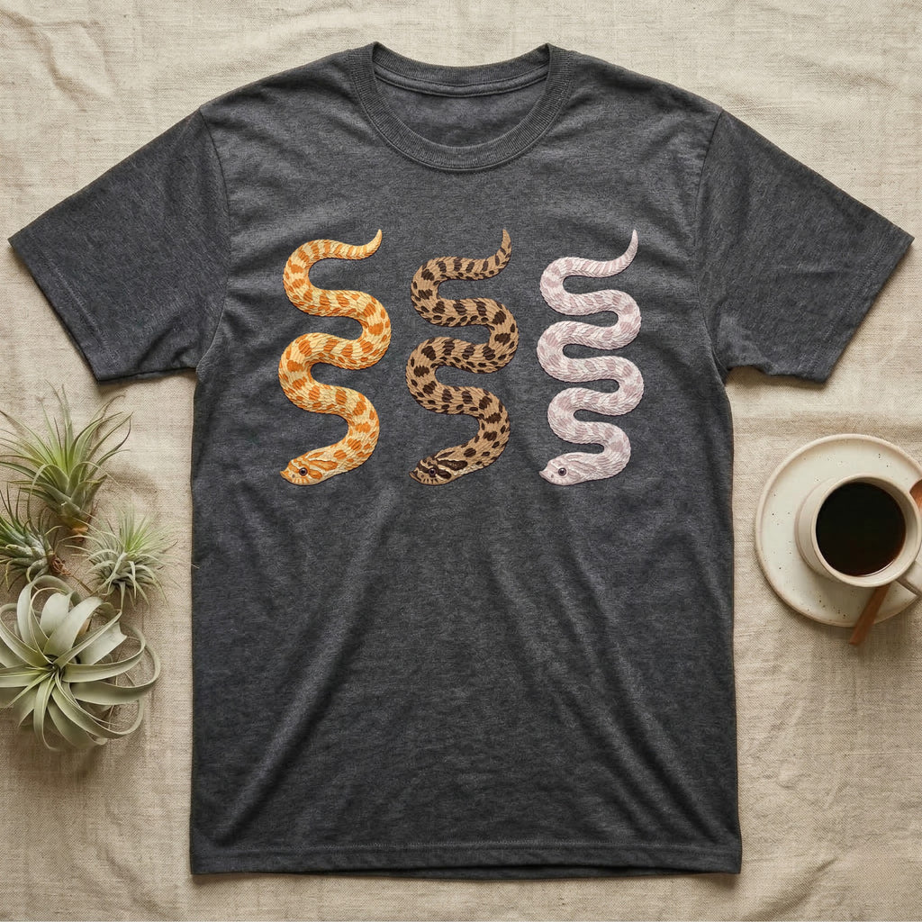 Hognose Morph Triptych T-Shirt in Dark Heather — Palette-knife painting of three western hognose snakes side by side, albino, anaconda and snow morphs.