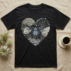 Black t-shirt featuring a heart-shaped design with a beetle and organic, rocky elements.