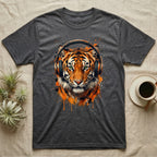 T-shirt featuring a distressed graphic of a tiger wearing headphones.