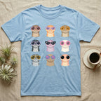 Hognose Morphs Sunglasses T-Shirt in Light Blue — Gouache grid of nine western hognose snake morphs as frontal busts, each wearing different sunglasses