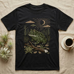 Pacman Frog Home Range T-Shirt in Black — Woodcut-style illustration of a pacman frog sitting on the Chaco forest floor among fallen branches and thorn scrub, no on-shirt text.
