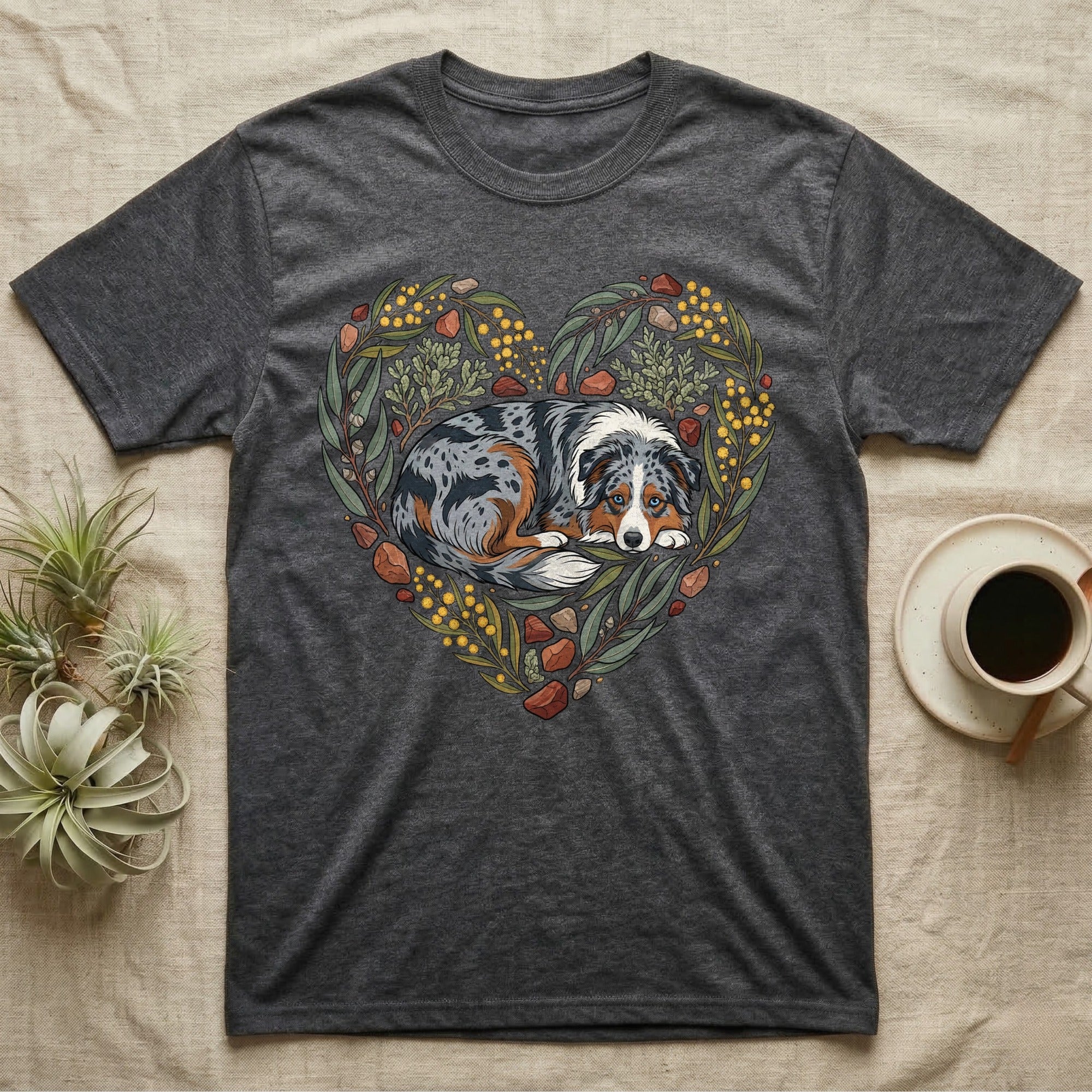 Dark grey t-shirt with Australian Shepherd dog within a floral heart design.