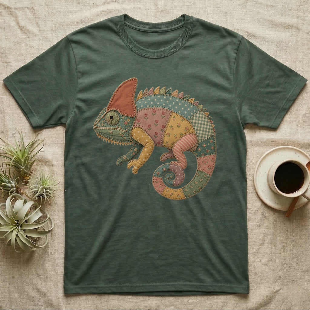 Green t-shirt with a patchwork chameleon design.