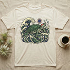 T-shirt with a Japanese-style illustration of a turtle amidst waves and a sun.