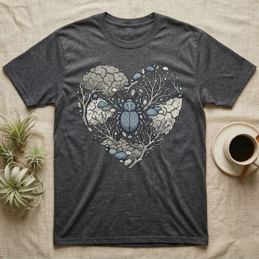 Dark grey t-shirt with heart-shaped graphic of a beetle among rocks and branches.