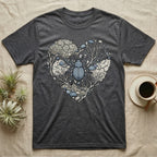 Dark grey t-shirt with heart-shaped graphic of a beetle among rocks and branches.