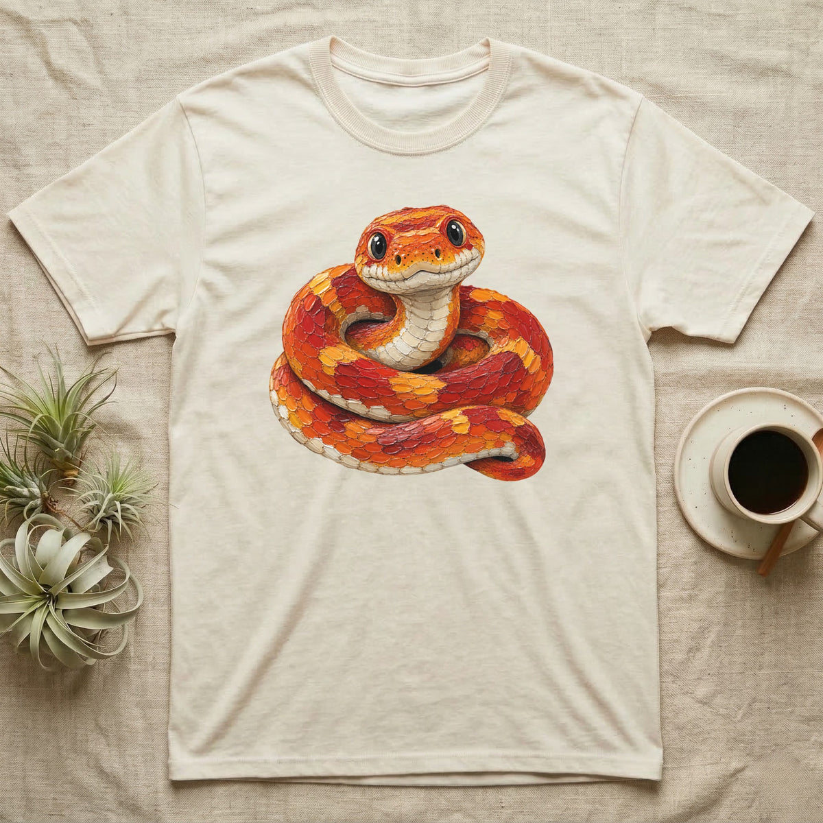 Cream t-shirt with coiled orange corn snake graphic.