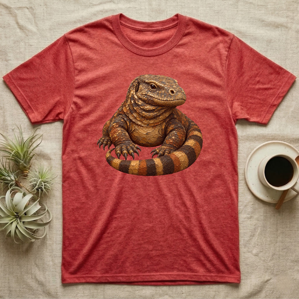 Red t-shirt with a graphic of a brown and black striped monitor lizard.