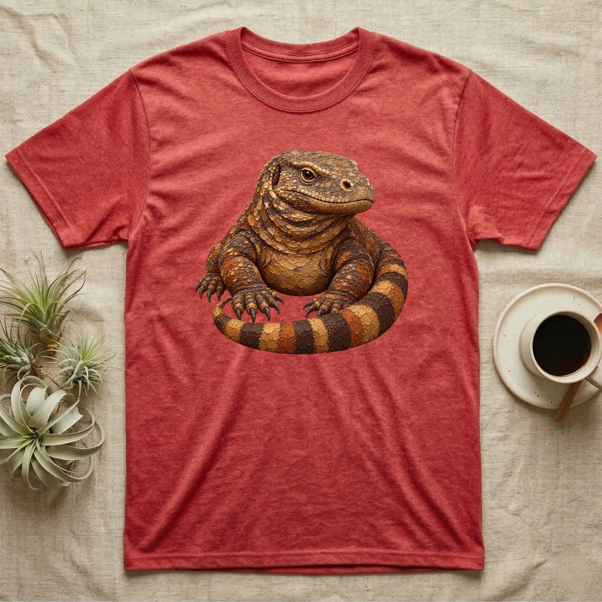 Red t-shirt with a graphic of a brown and black striped monitor lizard.