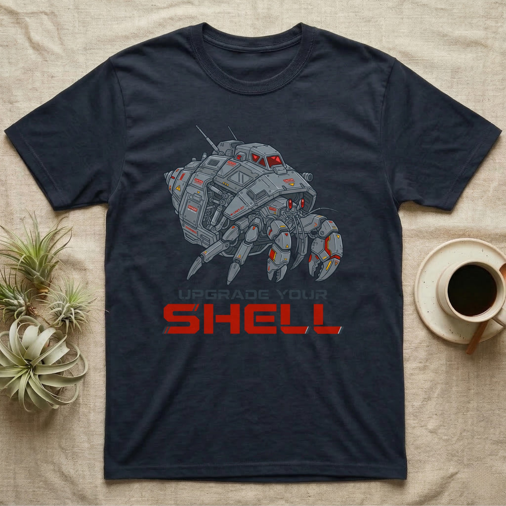 Dark blue t-shirt with a grey mecha hermit crab and "UPGRADE YOUR SHELL" text.
