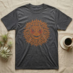Crocodile Skink Tiny Dragon T-Shirt in Dark Heather — Frontal red-eyed crocodile skink head with dorsal spines flared into an ochre sunburst medallion, red eye ring.
