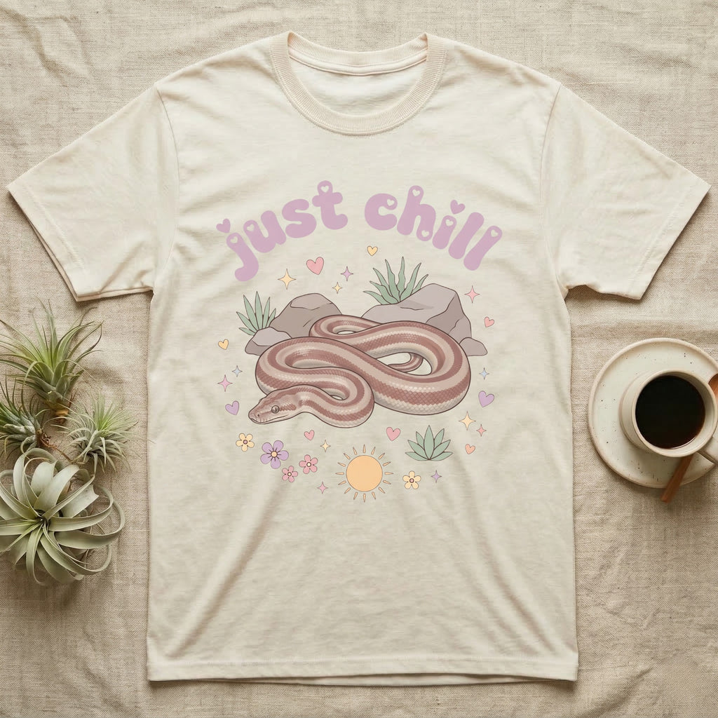 Rosy Boa Softie T-Shirt in Natural — Relaxed coiled rosy boa with sleepy eyes under pastel bubble text "just chill" with tiny hearts.