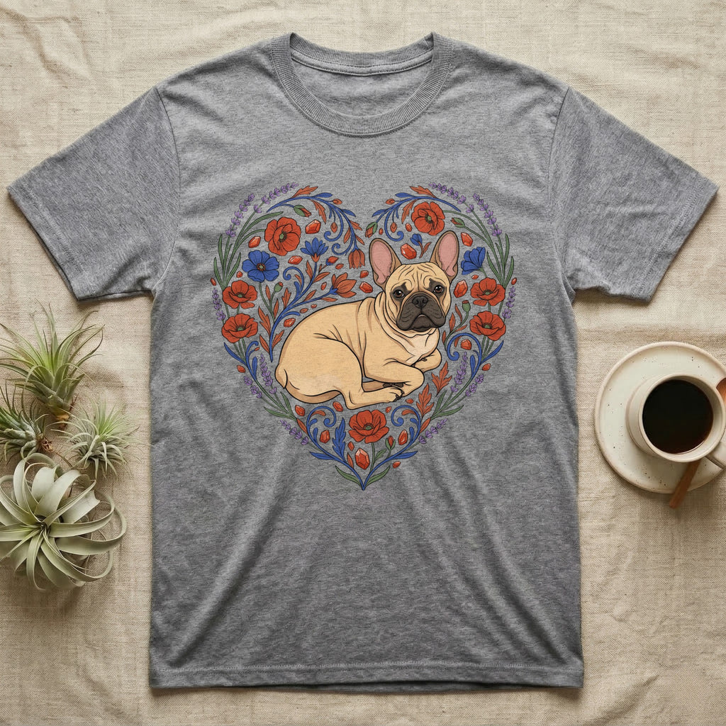 French bulldog on a grey t-shirt with a floral heart design.