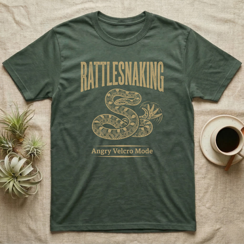 Coiled corn snake mid-tail-vibration in warm tan ink engraving beneath an arched wordmark reading RATTLESNAKING and the subtitle Angry Velcro Mode. — shown on a Military Green tee.