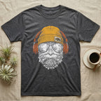 Snapping Turtle Headphones T-Shirt in Dark Heather — Engraved alligator snapping turtle with spiked skin and hooked beak, in a beanie and headphones, swamp reflection.