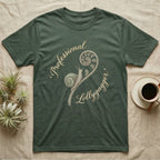 Dark green t-shirt with a snail on a fern and "Professional Lollygagger" text.