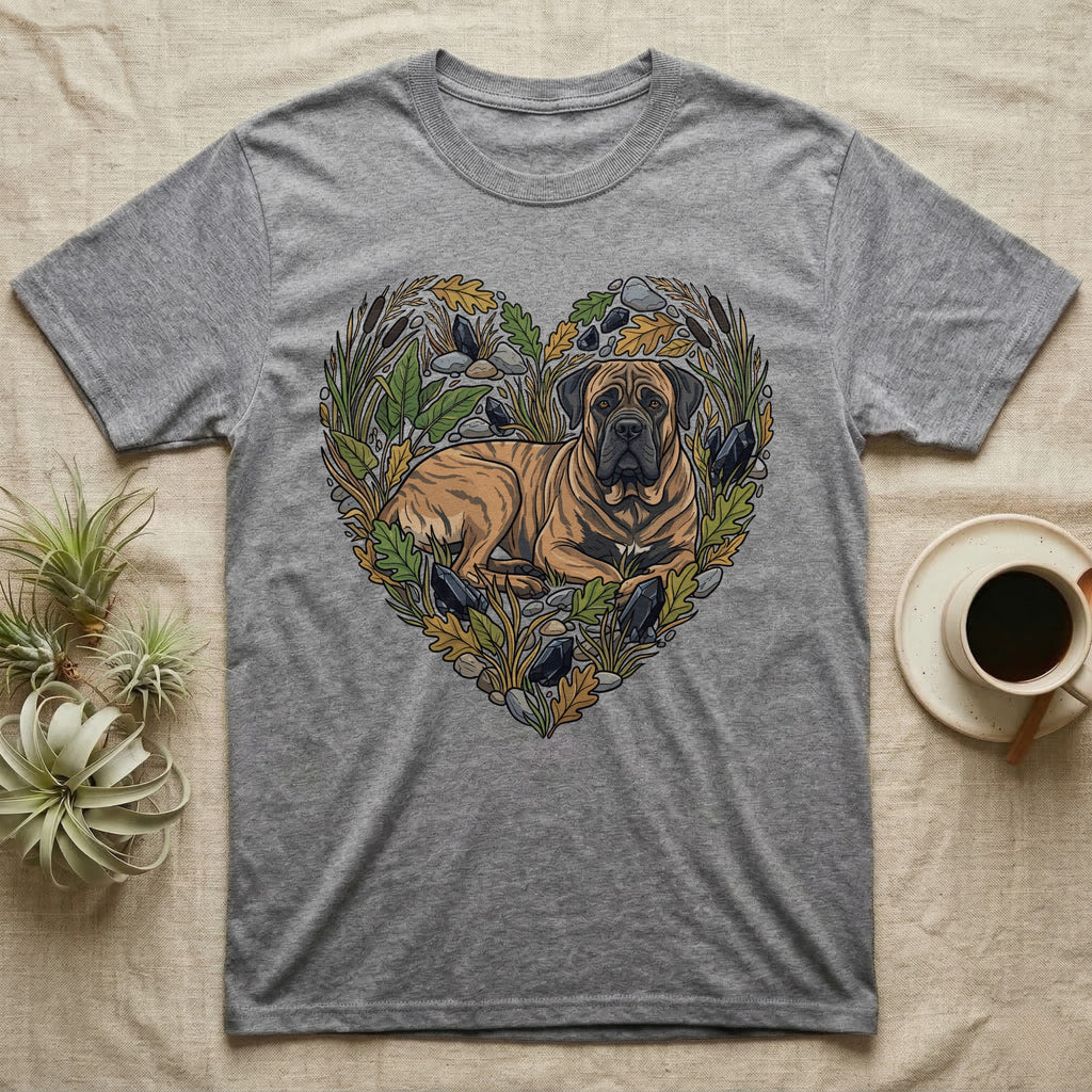 Grey t-shirt with a mastiff dog inside a heart of natural elements.